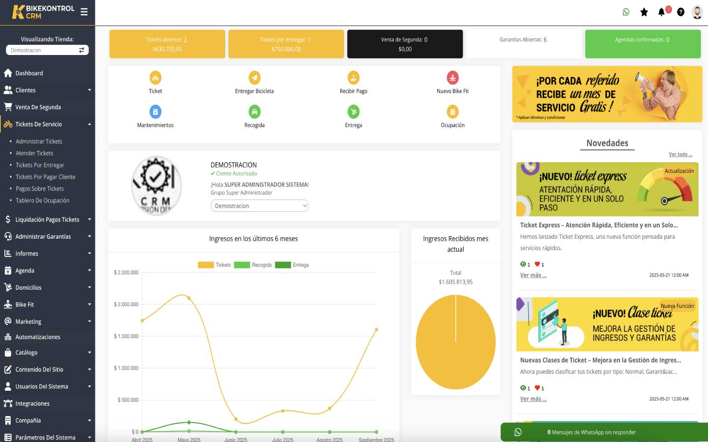 Dashboard de Bikekontrol CRM con métricas y órdenes